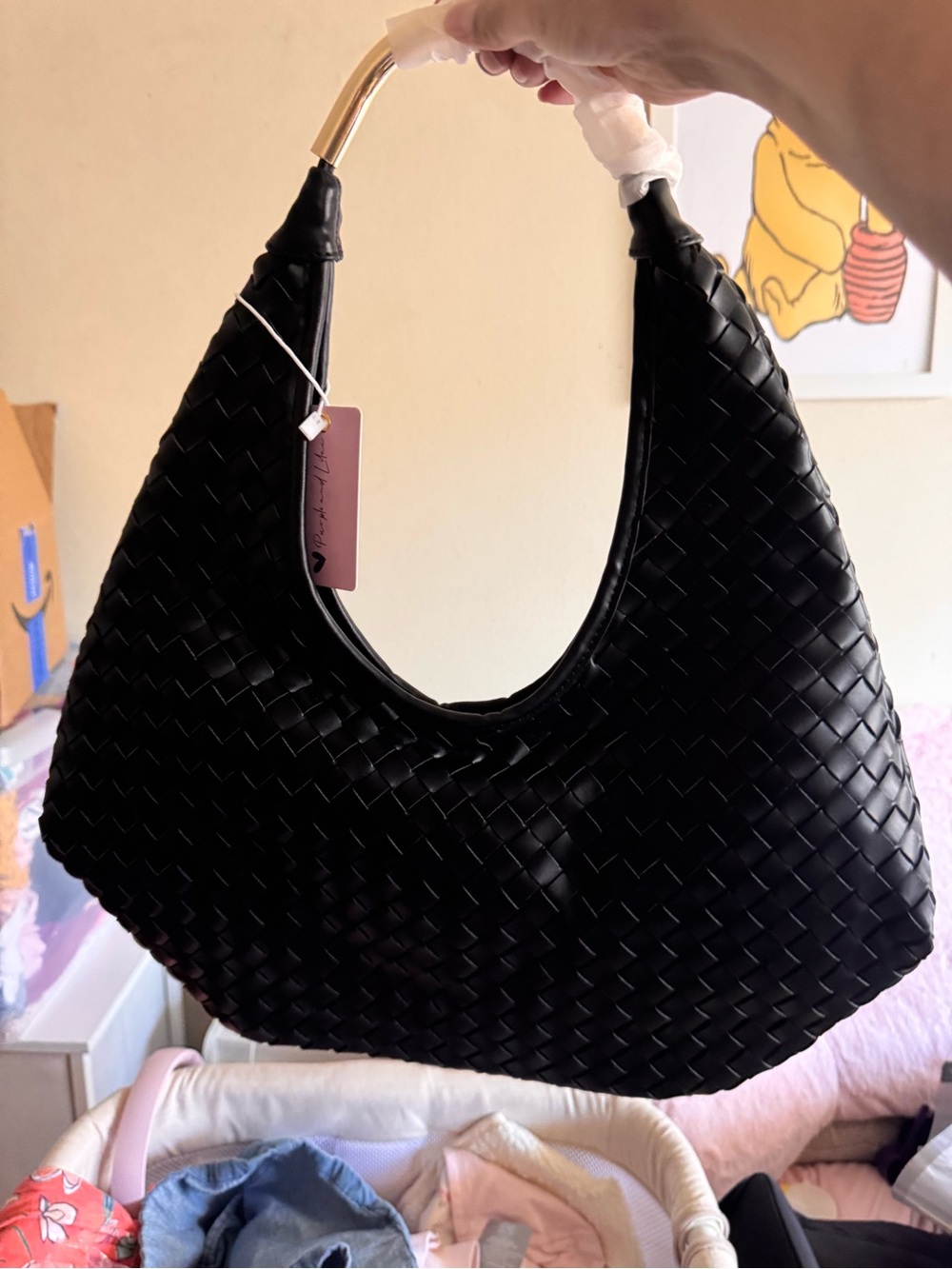 Black Woven Hobo Bag with Gold-Tone Handle